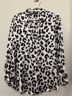 Zara Black and White Leopard-Print Button Down Blouse
